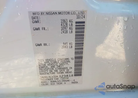 2025 Nissan Altima Sr Fwd from USA, damaged, VIN 1N4BL4CV3SN329818